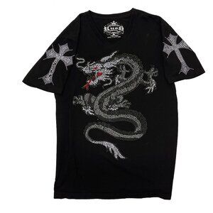 Rush Couture Rhinestone Dragon Cross Embellished Black Jewel T-Shirt Mens S